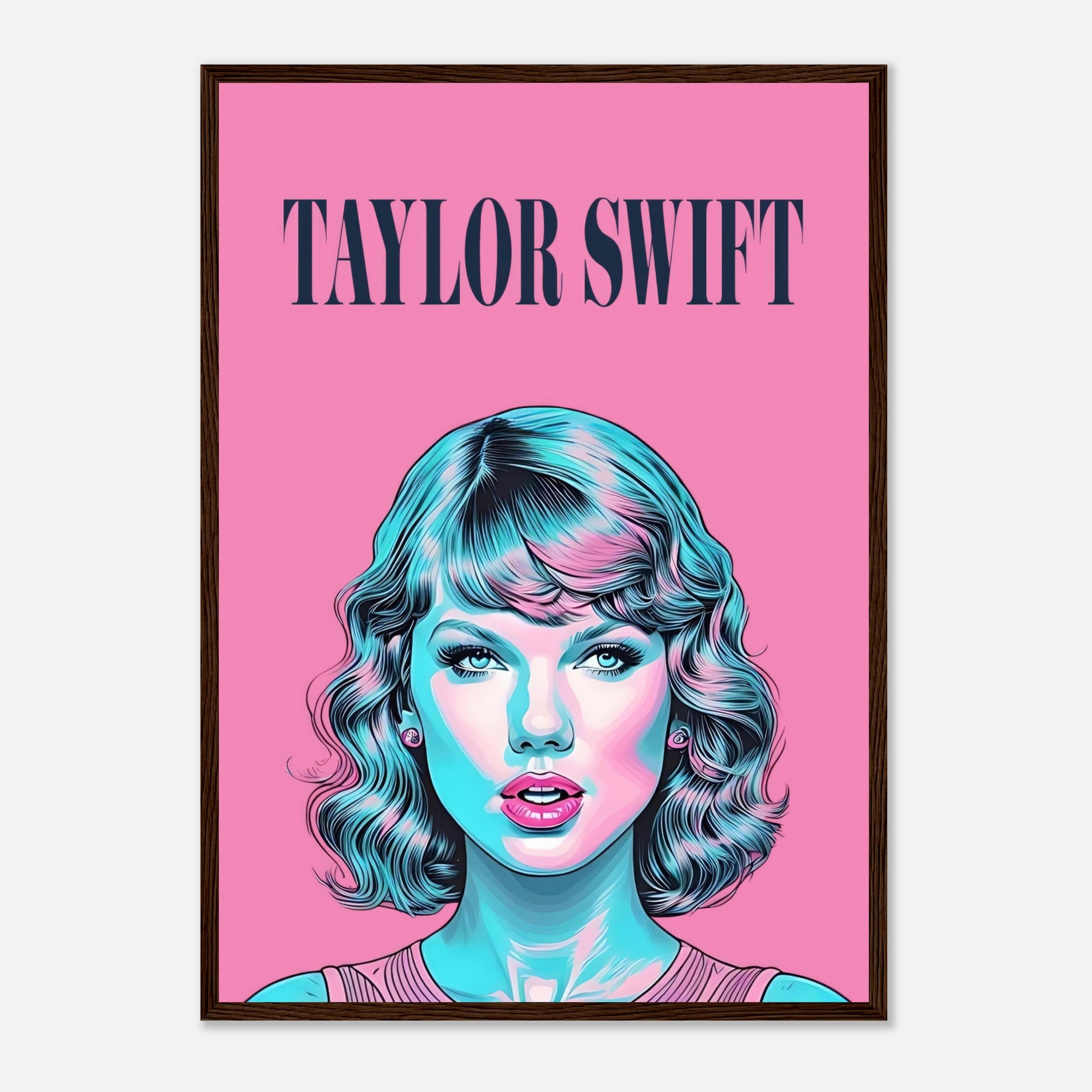 Vibrant Taylor Swift pop art framed poster with bold pink and turquoise colors, perfect for fans and art lovers.