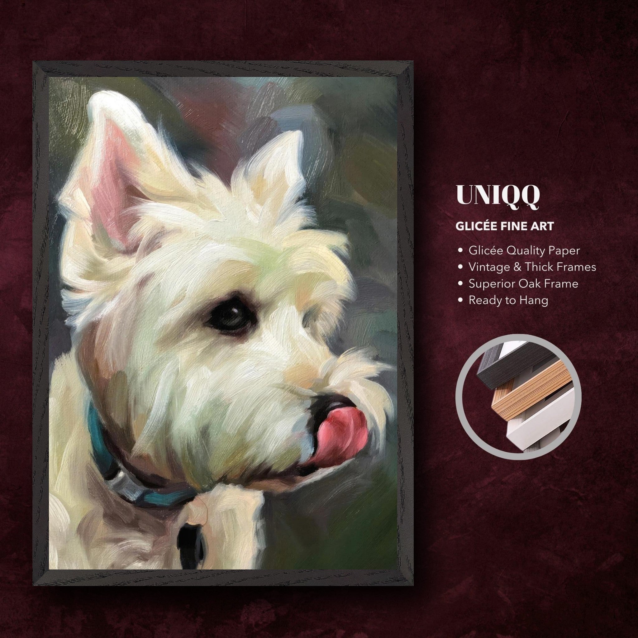 Westie dog painting on giclée quality paper in vintage frame, showcasing expressive details and playful demeanor.