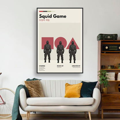 Squid Game vintage framed print showcasing iconic characters in a retro design, perfect for fans and art lovers.