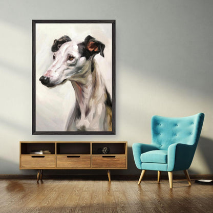 Greyhound dog painting displayed in a modern living room, showcasing fine art with muted colors and soft brushstrokes.