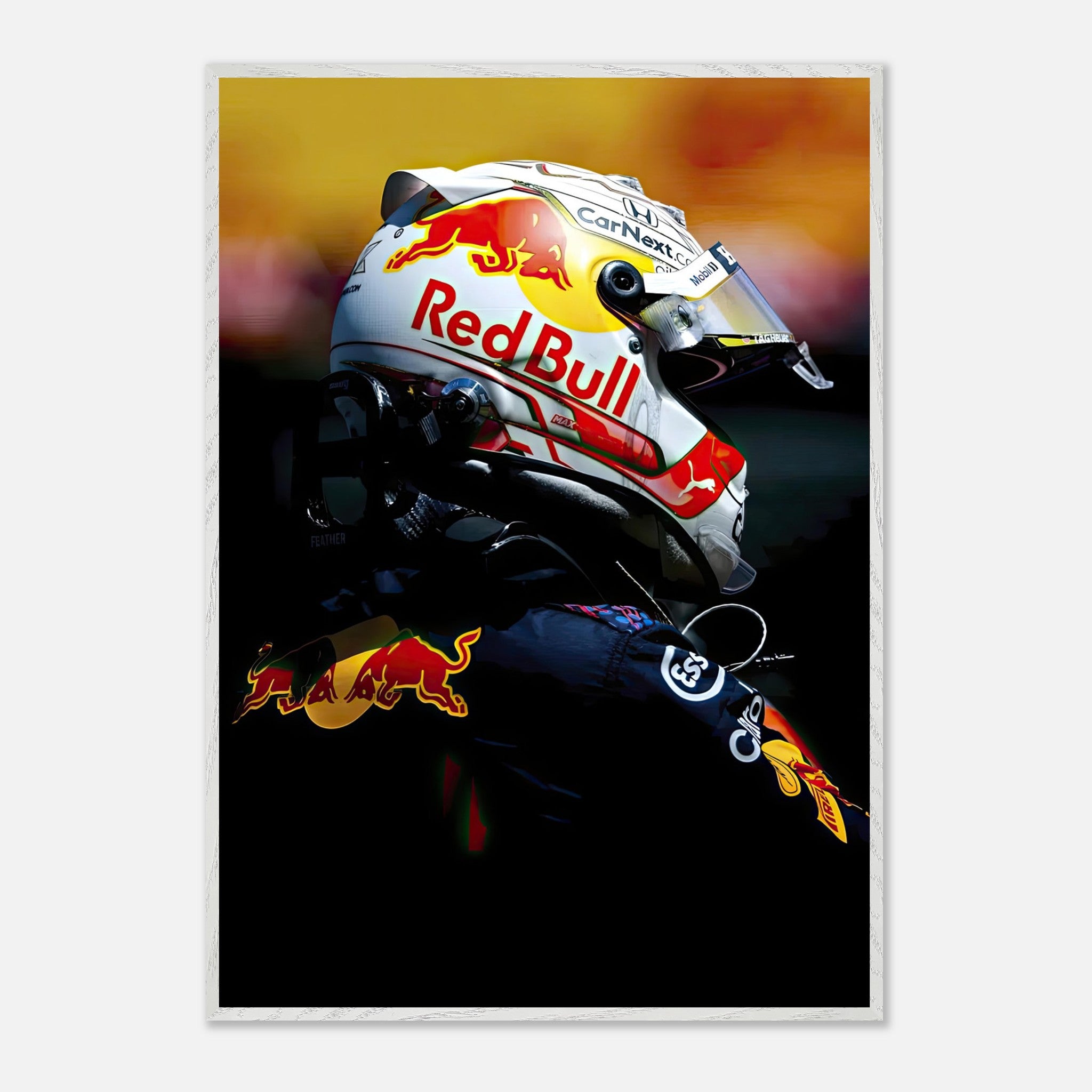 Max Verstappen Red Bull helmet fine art print showcasing intense racing spirit with vibrant colors and sharp detail.