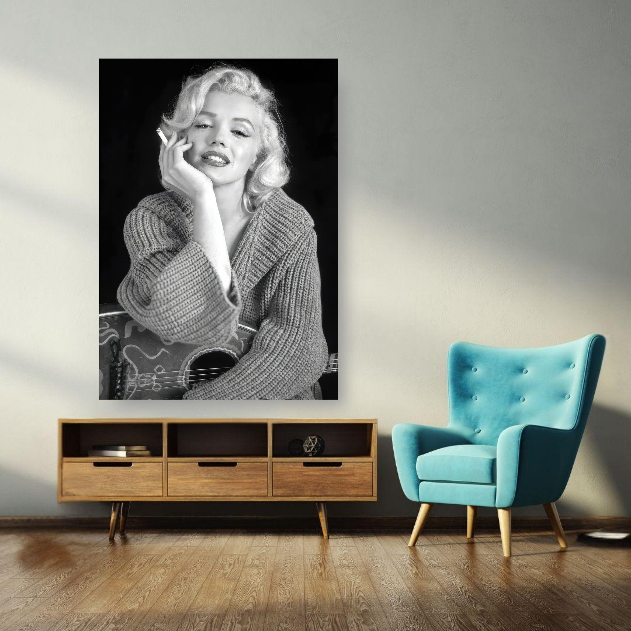 Marilyn Monroe Smoking Poster, elegant black-and-white art piece showcasing classic Hollywood charm in a stylish interior setting.