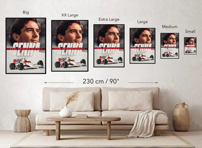 Various sizes of Ayrton Senna canvas art displayed above a modern sofa, showcasing motorsport legacy in home decor.