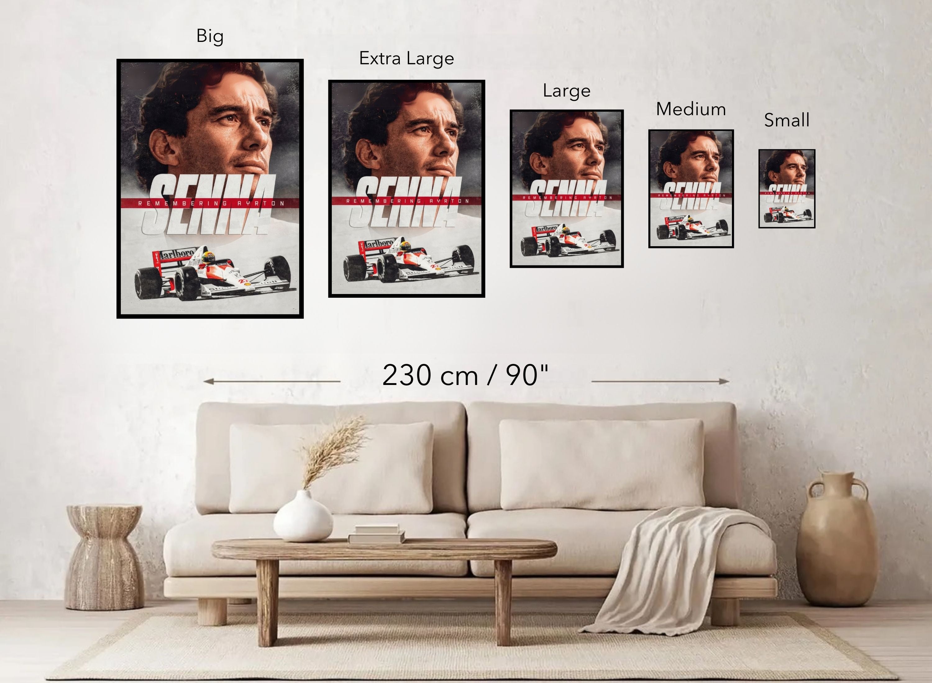 Ayrton Senna Framed Print sizes displayed on a wall above a modern living room couch.