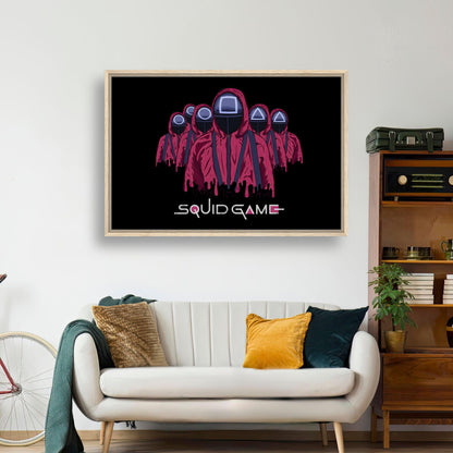 Squid Game Soldiers framed canvas print featuring iconic red-masked guards on black background, perfect for home decor.