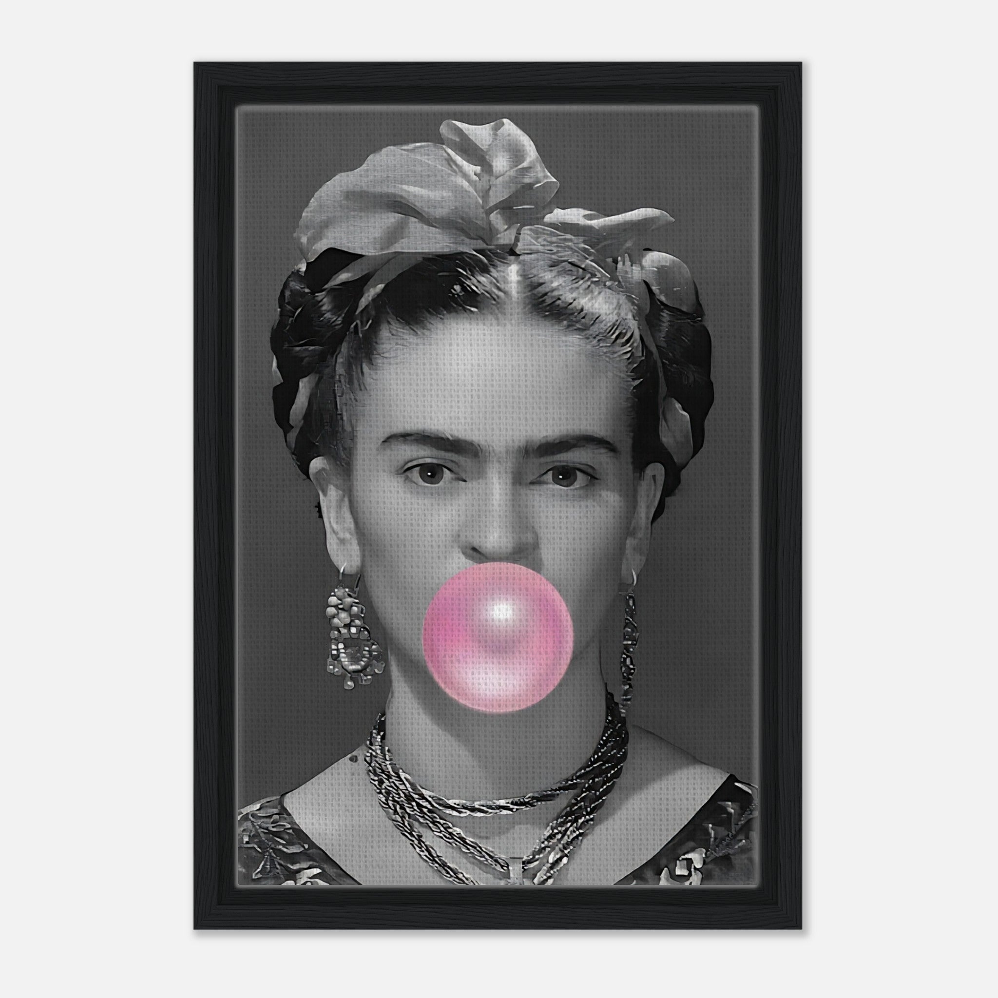 Frida Kahlo Bubble Gum Framed Canvas Print in grayscale with pink bubble gum, showcasing vintage charm and modern playfulness.