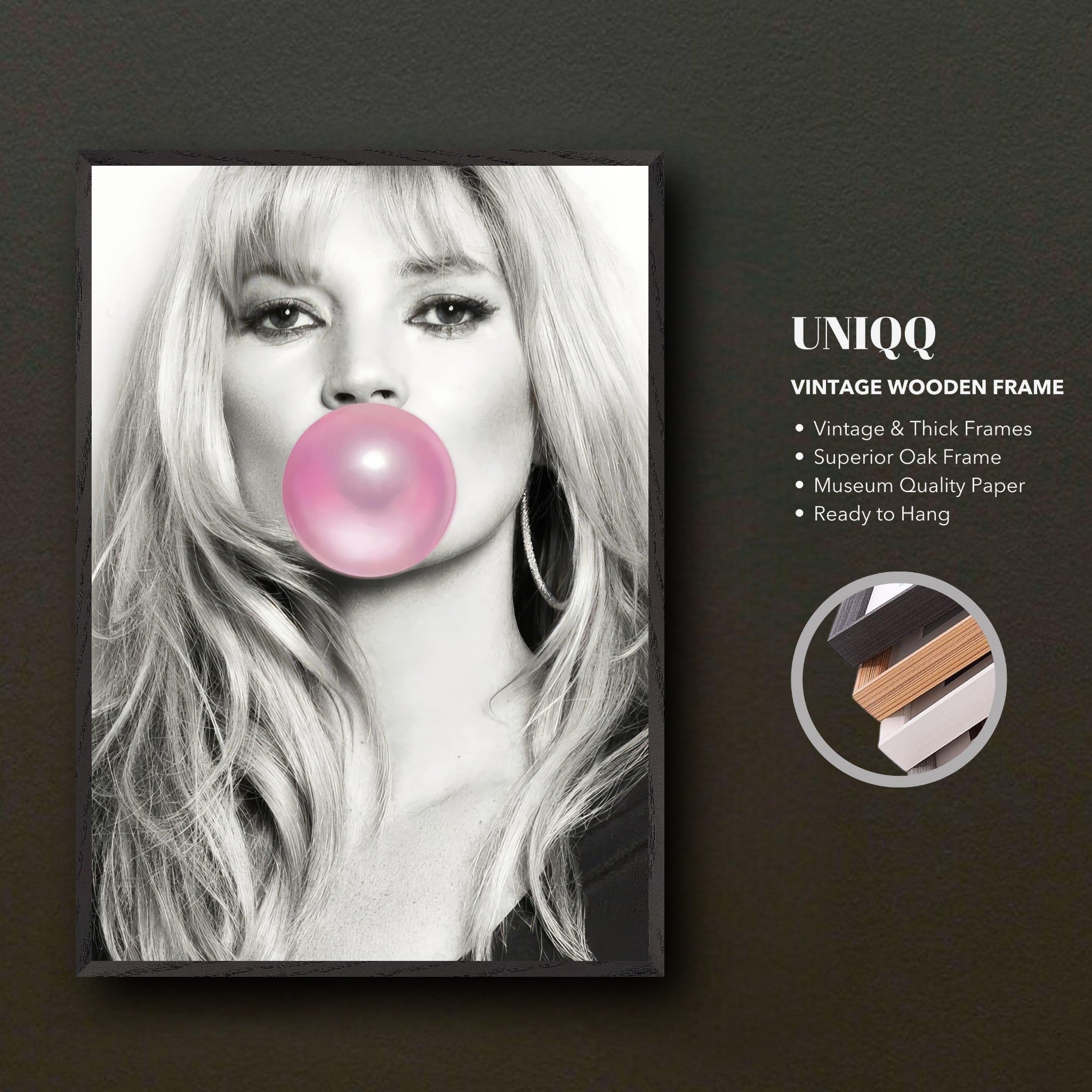 Kate Moss vintage framed print with pink bubble gum, highlighting superior oak frame and museum-quality paper.