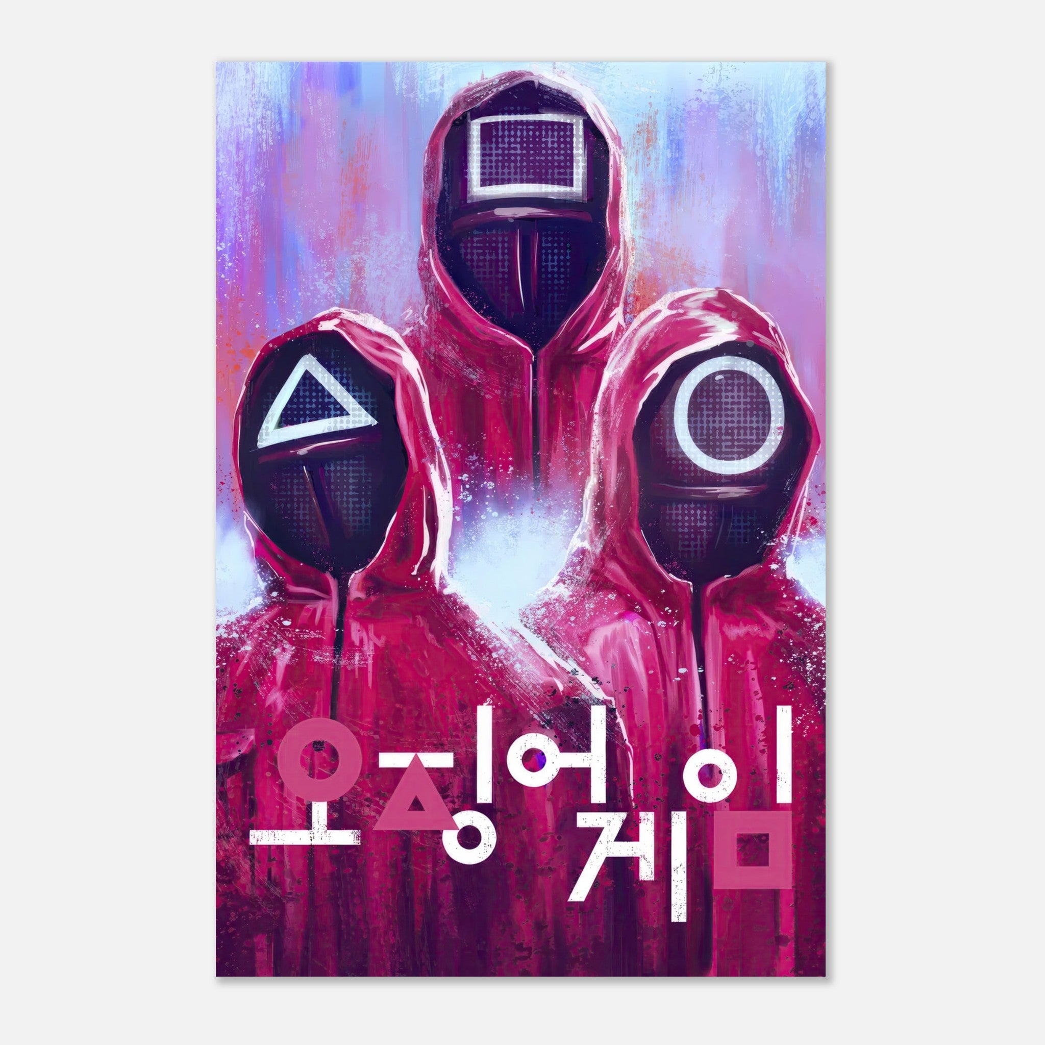 Squid Game metal poster print featuring masked guards in red uniforms and Korean text, capturing the show's intensity.