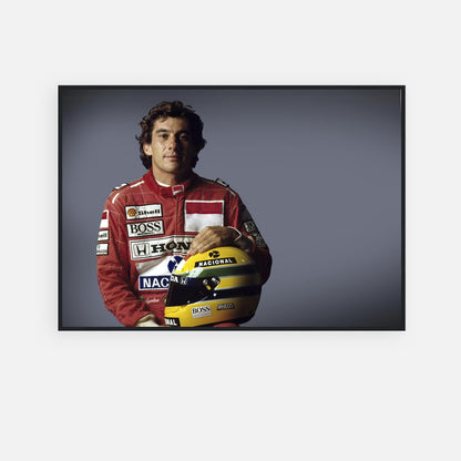 Ayrton Senna framed print, iconic motorsport image featuring the F1 champion in his racing suit with helmet.