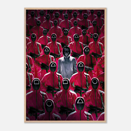 Squid Game Guards fine art print featuring iconic pink-clad guards and the Front Man in a captivating design.