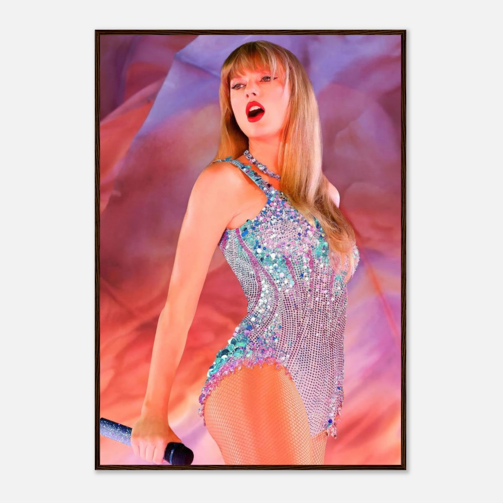 Taylor Swift performing in a dazzling outfit during The Eras Tour framed print, showcasing her artistry and charisma.