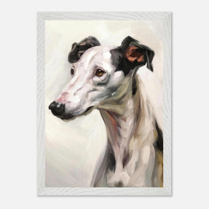 Greyhound dog painting in vintage frame, showcasing graceful features and soft color palette for elegant home decor.