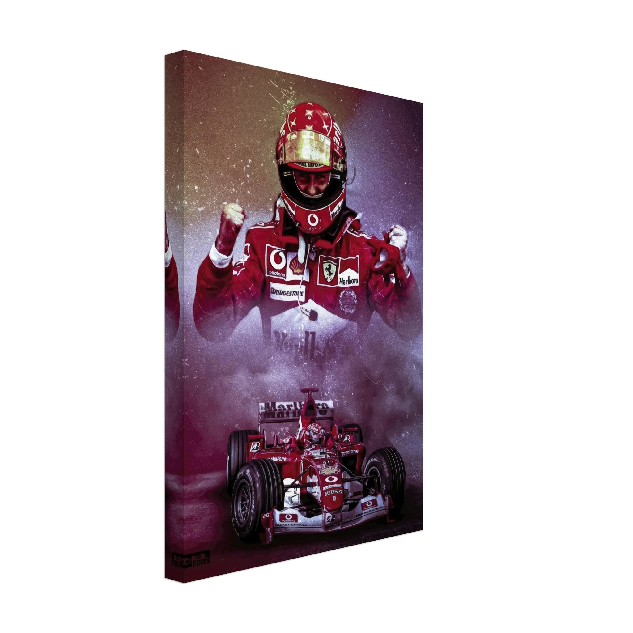 Michael Schumacher canvas artwork featuring the iconic Ferrari race car and Schumacher in his racing gear, celebrating speed and triumph.