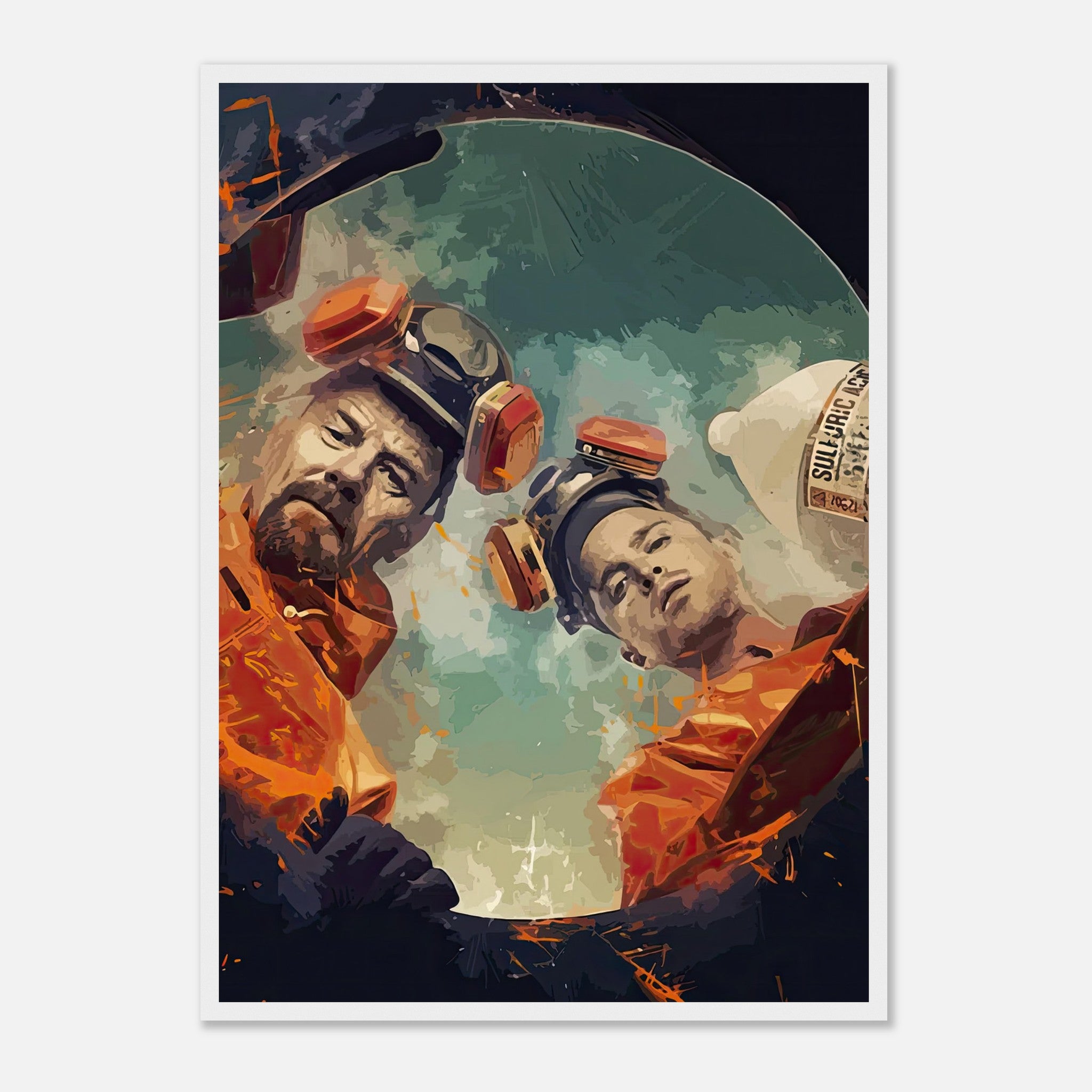 Breaking Bad framed print showcasing Walter White and Jesse Pinkman in hazmat suits above a dramatic backdrop.