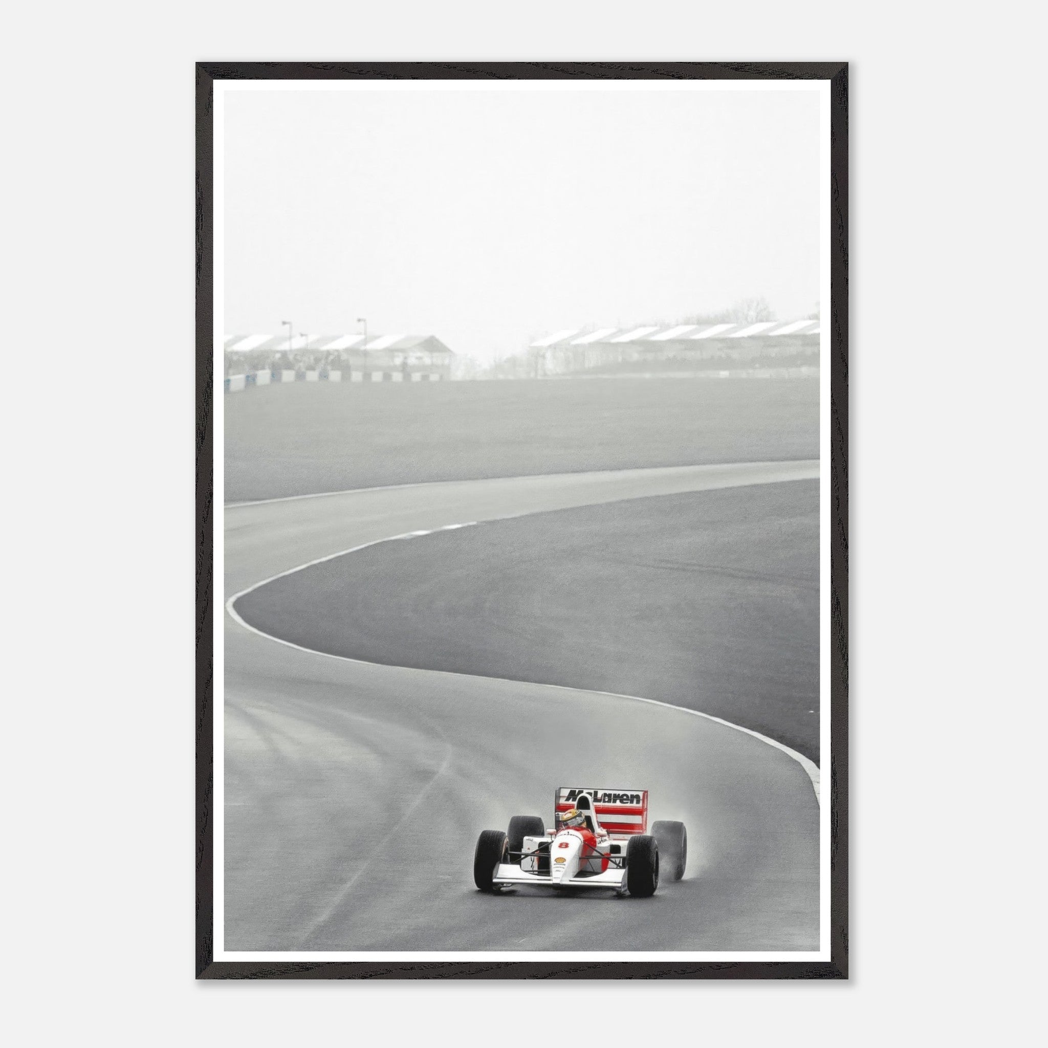 1988 Ayrton Senna McLaren MP4/4 vintage framed art capturing iconic Formula 1 action on the track.