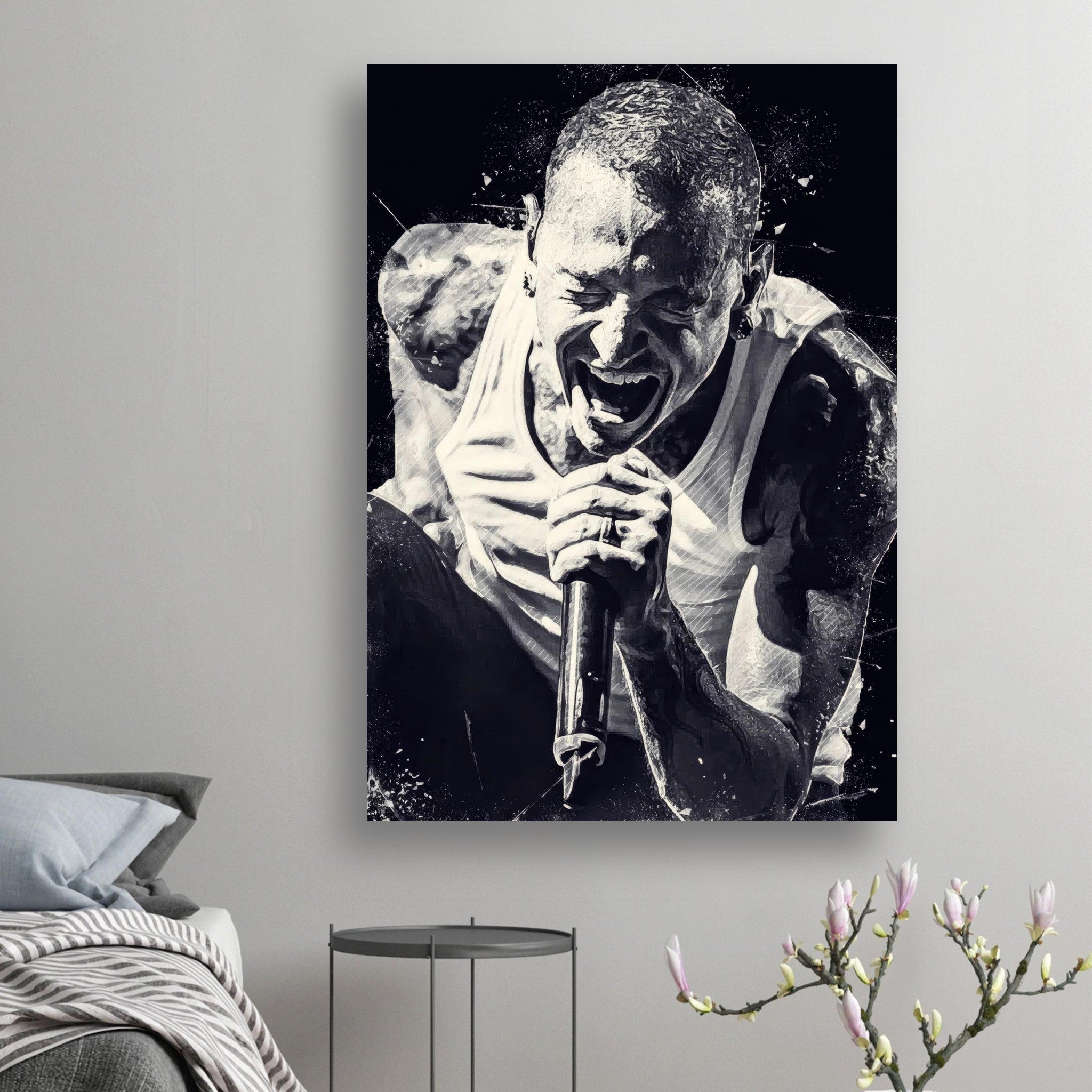 Chester Bennington performing passionately in black-and-white Linkin Park poster, showcasing intense emotion.