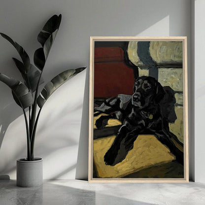 Framed painting of a black Labrador dog lounging in a sunlit room, showcasing warmth and loyalty.