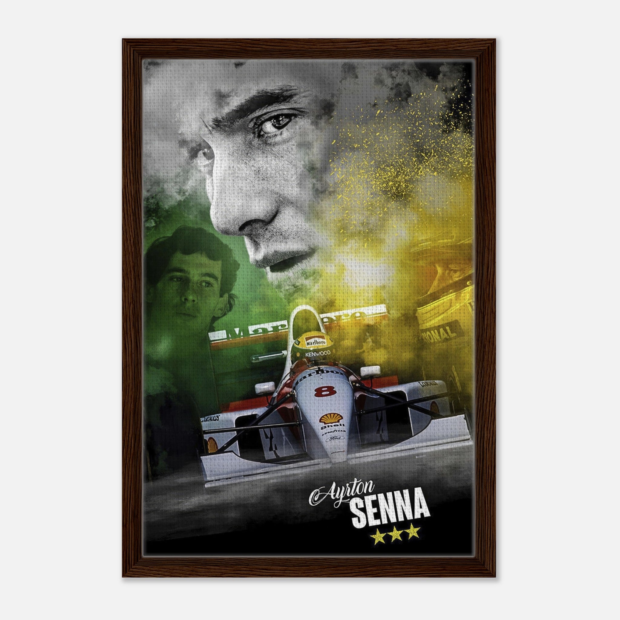 Ayrton Senna framed canvas print featuring iconic F1 imagery and vibrant design celebrating his legacy in racing.