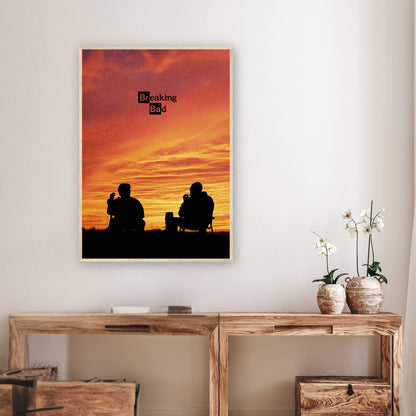 Breaking Bad framed poster featuring Walter White and Jesse Pinkman silhouettes against a vibrant sunset.