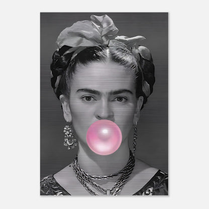 Frida Kahlo Bubble Gum artwork on brushed metal, featuring Kahlo with bubble gum for a playful modern aesthetic.