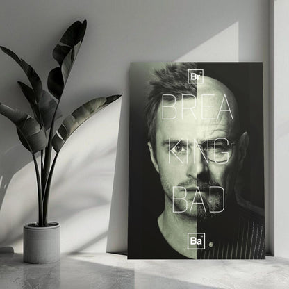 Jesse x Walter Breaking Bad metal poster showcasing iconic characters in a sleek design, perfect for fan decor.