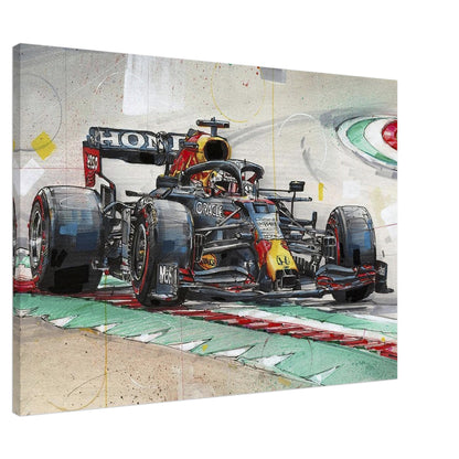 Max Verstappen canvas painting featuring a vibrant Formula 1 race car in action, perfect for racing fans and enthusiasts.