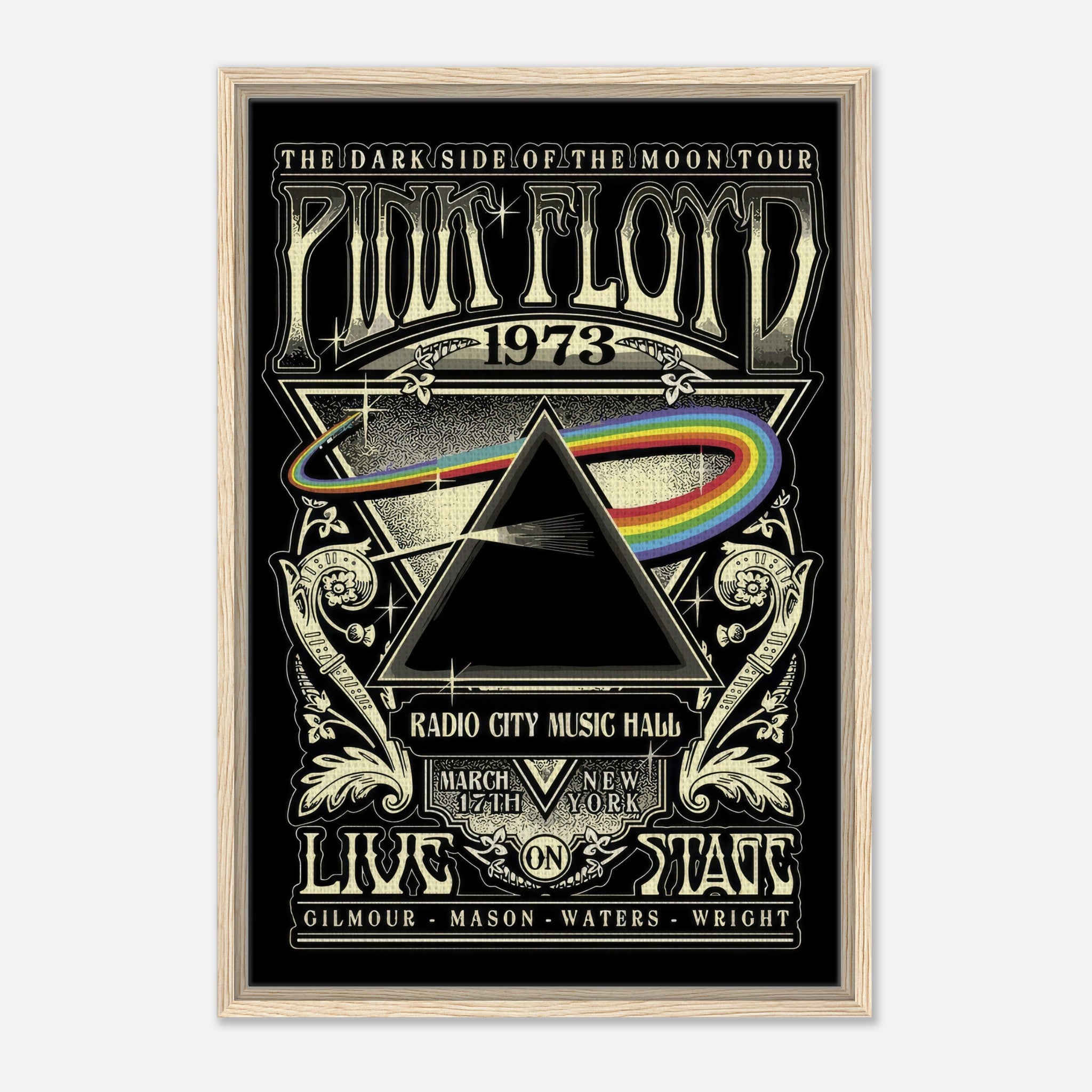 Pink Floyd 1973 Dark Side of the Moon Tour poster art featuring prism and rainbow design, framed canvas print.