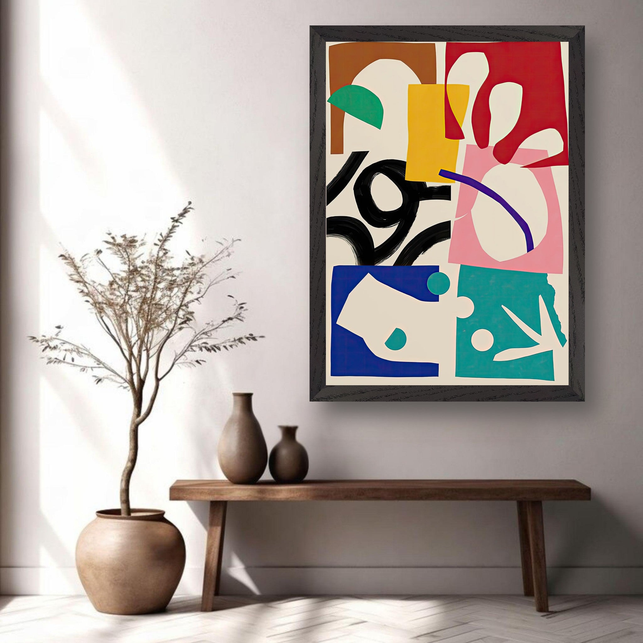 Abstract Harmony vintage framed print showcasing bold colors and geometric shapes in modern decor.