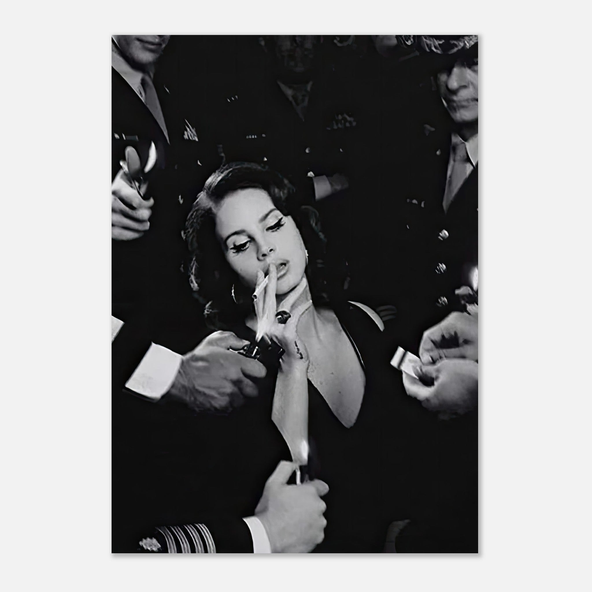 Lana Del Ray smoking in a striking black-and-white poster, evoking elegance and boldness surrounded by admirers.