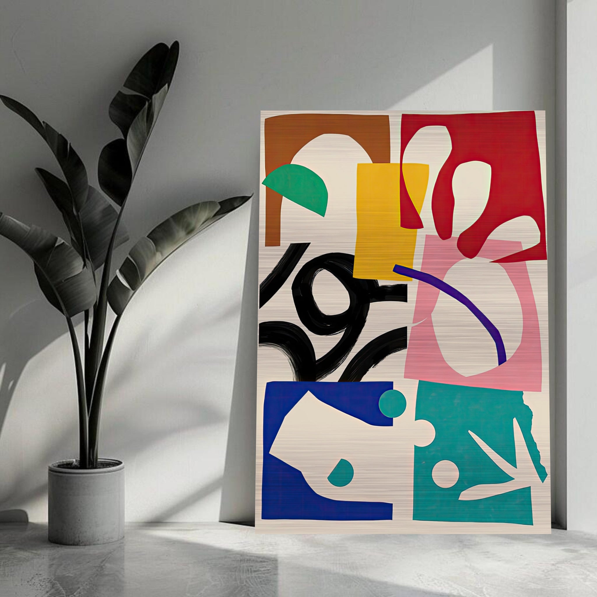 Abstract Harmony print on brushed metal, featuring vibrant geometric shapes and organic forms in modern decor.