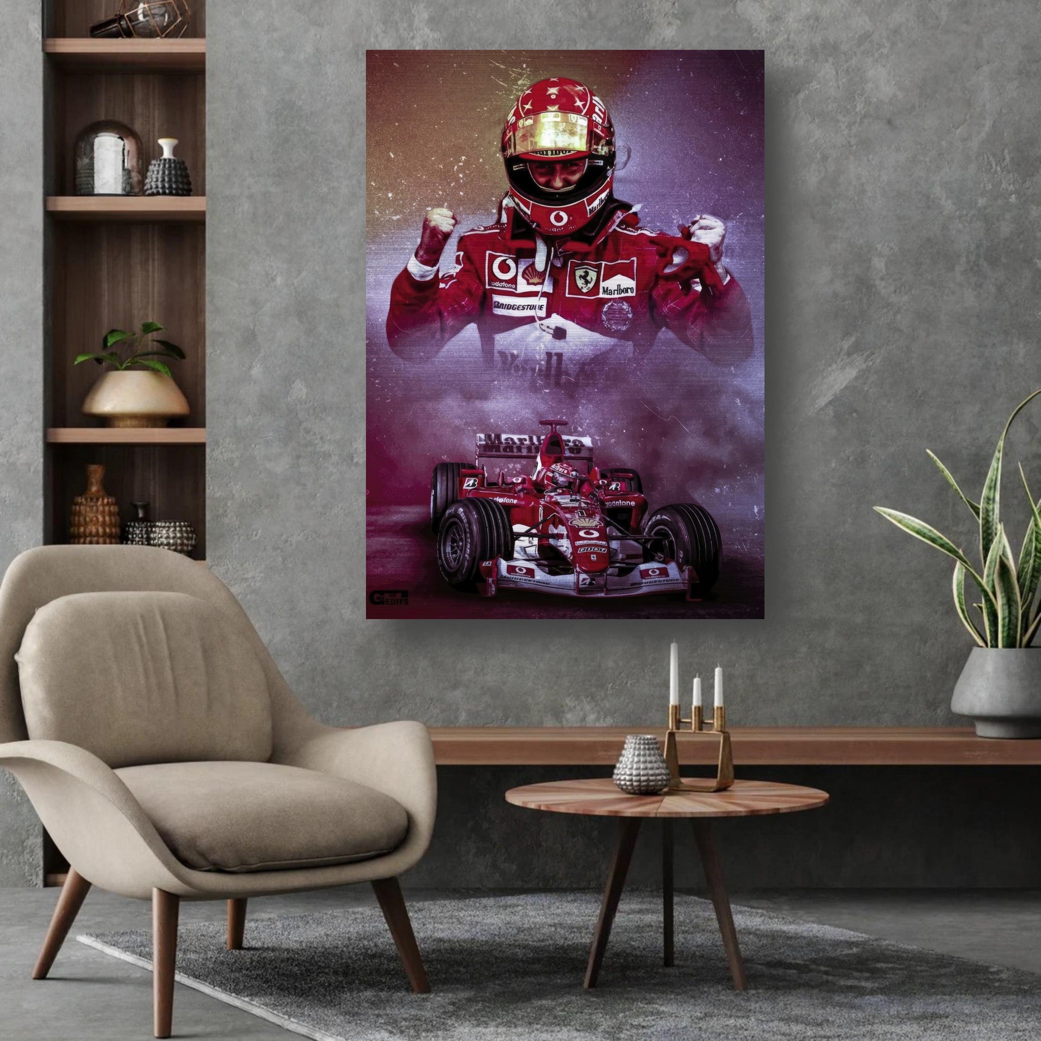 Brushed metal poster of Michael Schumacher celebrating with Ferrari car, showcasing iconic Formula 1 legacy in stylish decor.