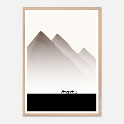 Framed Giclée fine art print of the Pyramids of Giza with silhouettes of camels against a minimalist background.