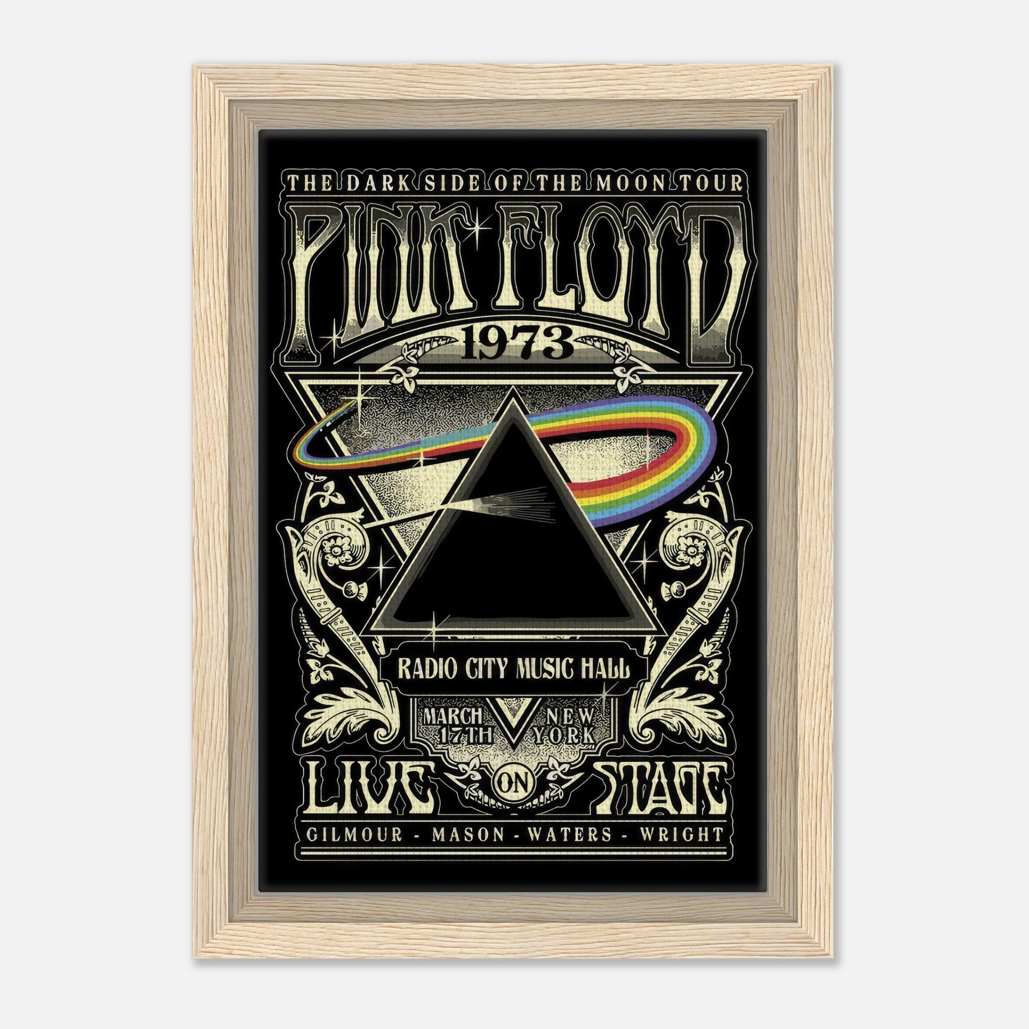 Pink Floyd 1973 Dark Side of the Moon tour framed canvas print with iconic prism design and concert details.