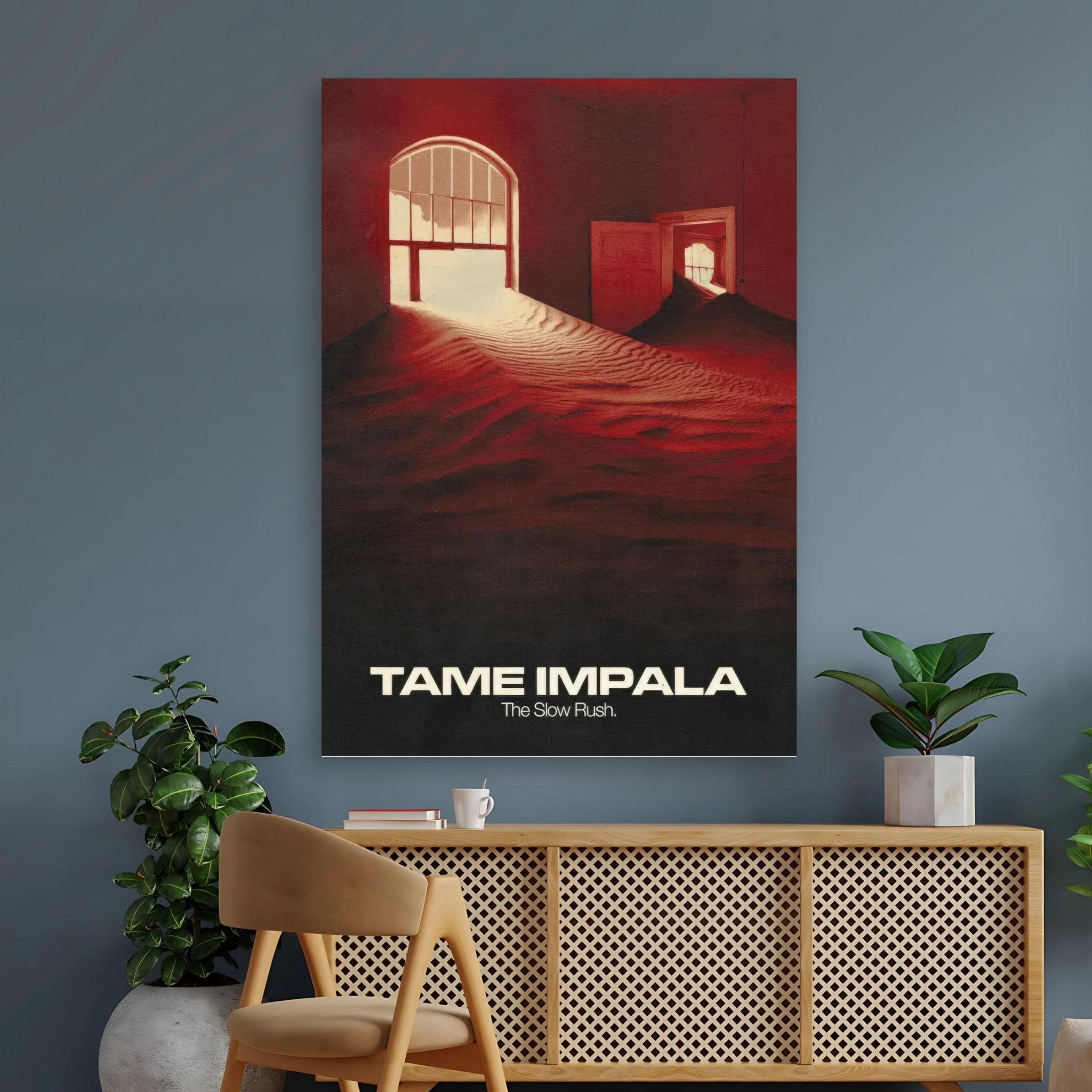 Tame Impala "The Slow Rush" poster featuring vibrant colors and surreal artwork, perfect for home decor.