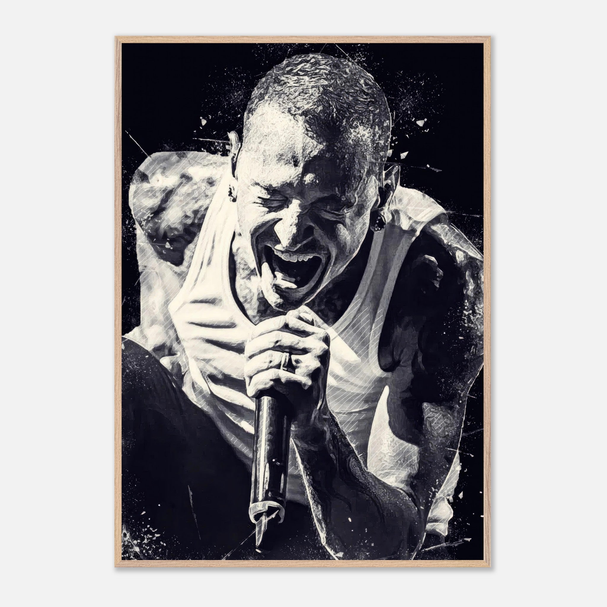 Chester Bennington fine art print showcasing intense performance by Linkin Park's iconic frontman.