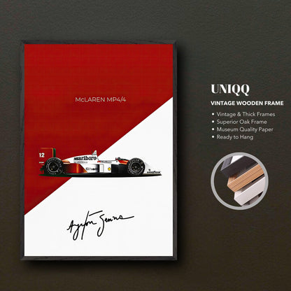 Ayrton Senna McLaren MP4/4 vintage framed print with museum-quality paper and oak frame, featuring red and white design.