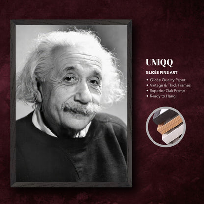 Black-and-white portrait of Albert Einstein, 1946, in a vintage oak frame, showcasing fine art quality.