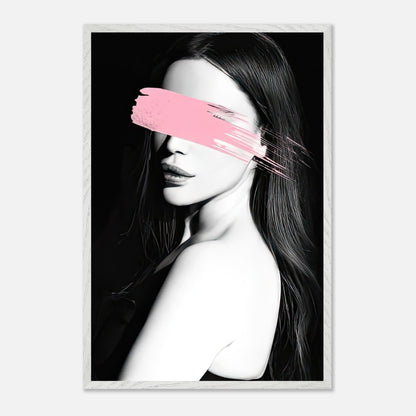 Vintage framed print of a monochromatic portrait with a pink brushstroke obscuring the eyes, exuding modern minimalism.