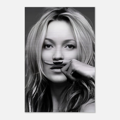 Kate Moss Mustache artwork in brushed metal, featuring a stylish design and striking black and white aesthetic.