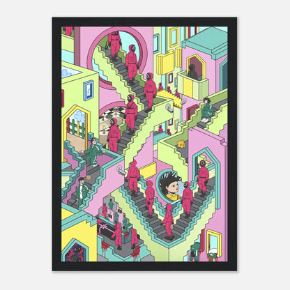 Vibrant Squid Game Stairs framed print featuring surreal staircase design and faceless guards in pastel colors.