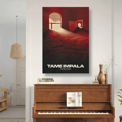 Tame Impala "The Slow Rush" poster art displayed in a stylish living room setting with piano.