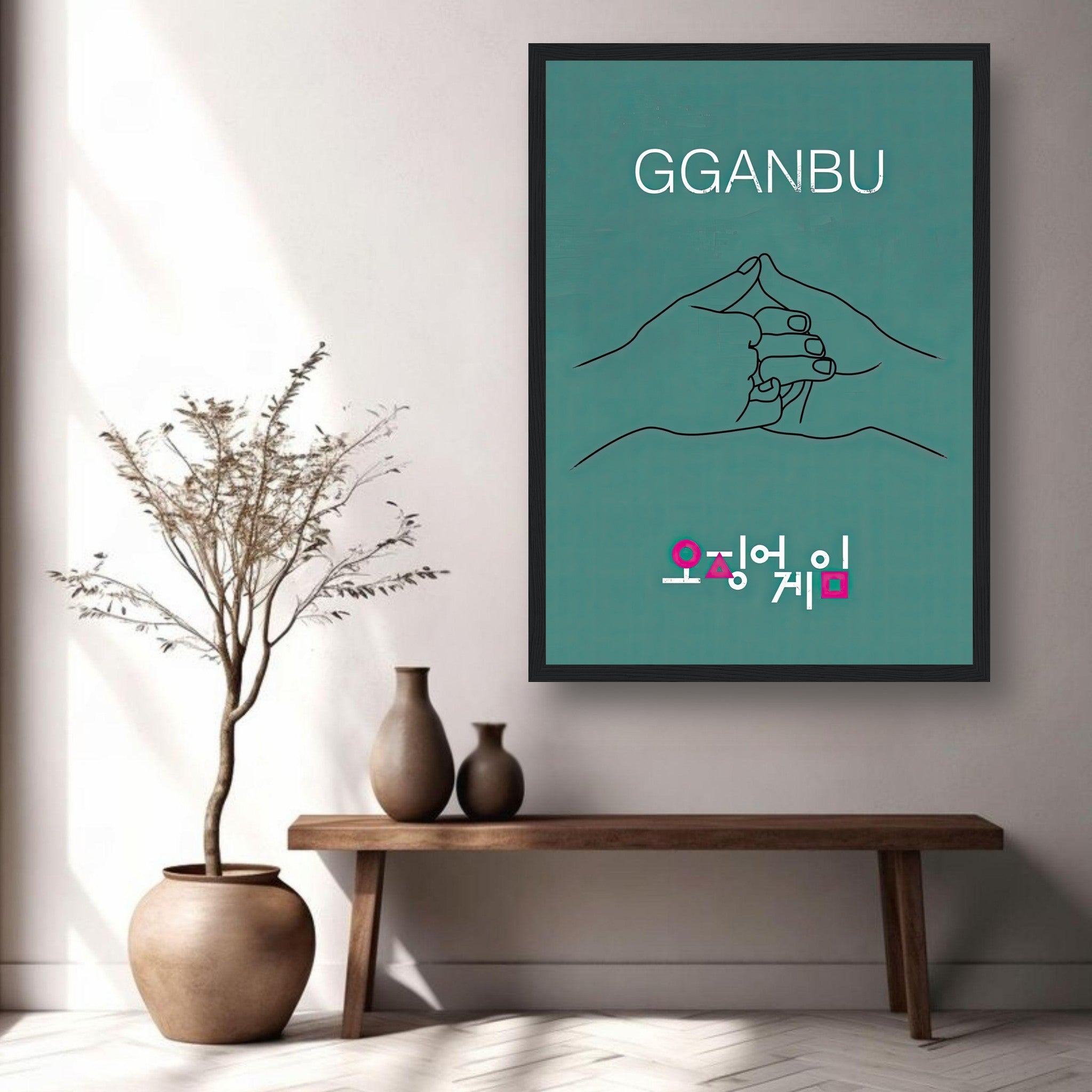 GGANBU Squid Game framed print featuring minimalist handshake design on teal background, perfect for home decor.