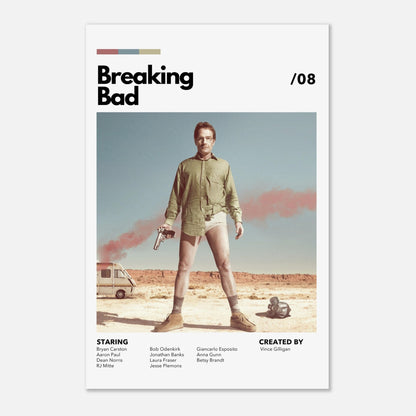 Retro Breaking Bad metal print showcasing Walter White in iconic desert attire with a gun, perfect for fans of the series.