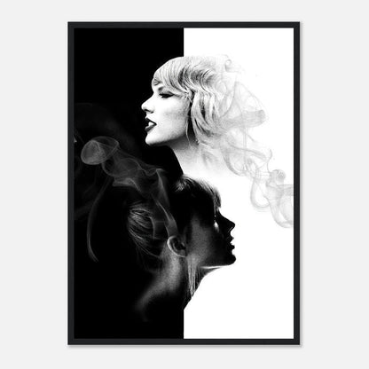 Taylor Swift black and white framed print featuring a dual-portrait design with elegant light and shadow elements.