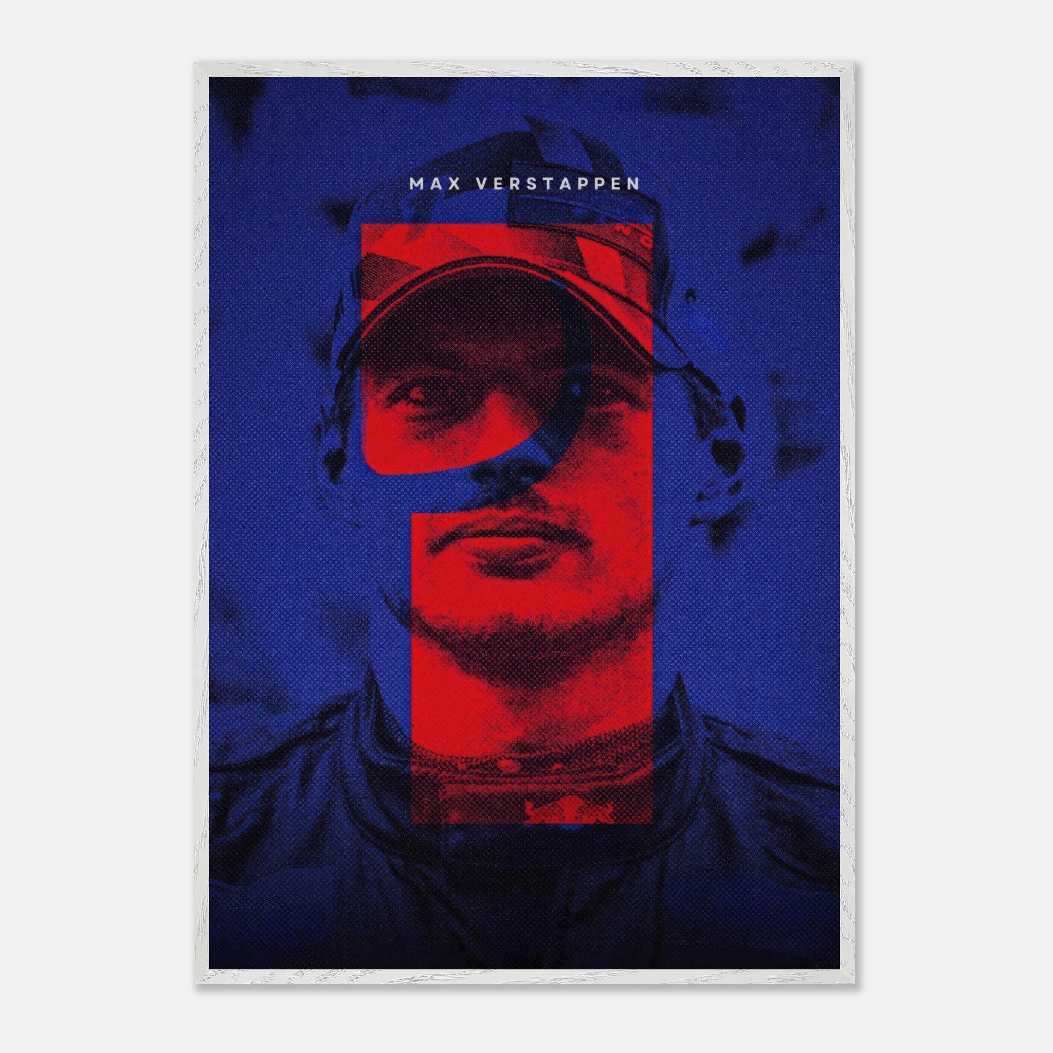 Max Verstappen fine art print featuring vibrant colors and bold design, showcasing the Formula 1 champion's determination.