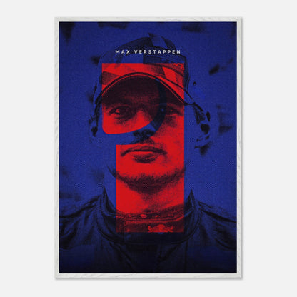 Max Verstappen fine art print featuring vibrant colors and bold design, showcasing the Formula 1 champion's determination.