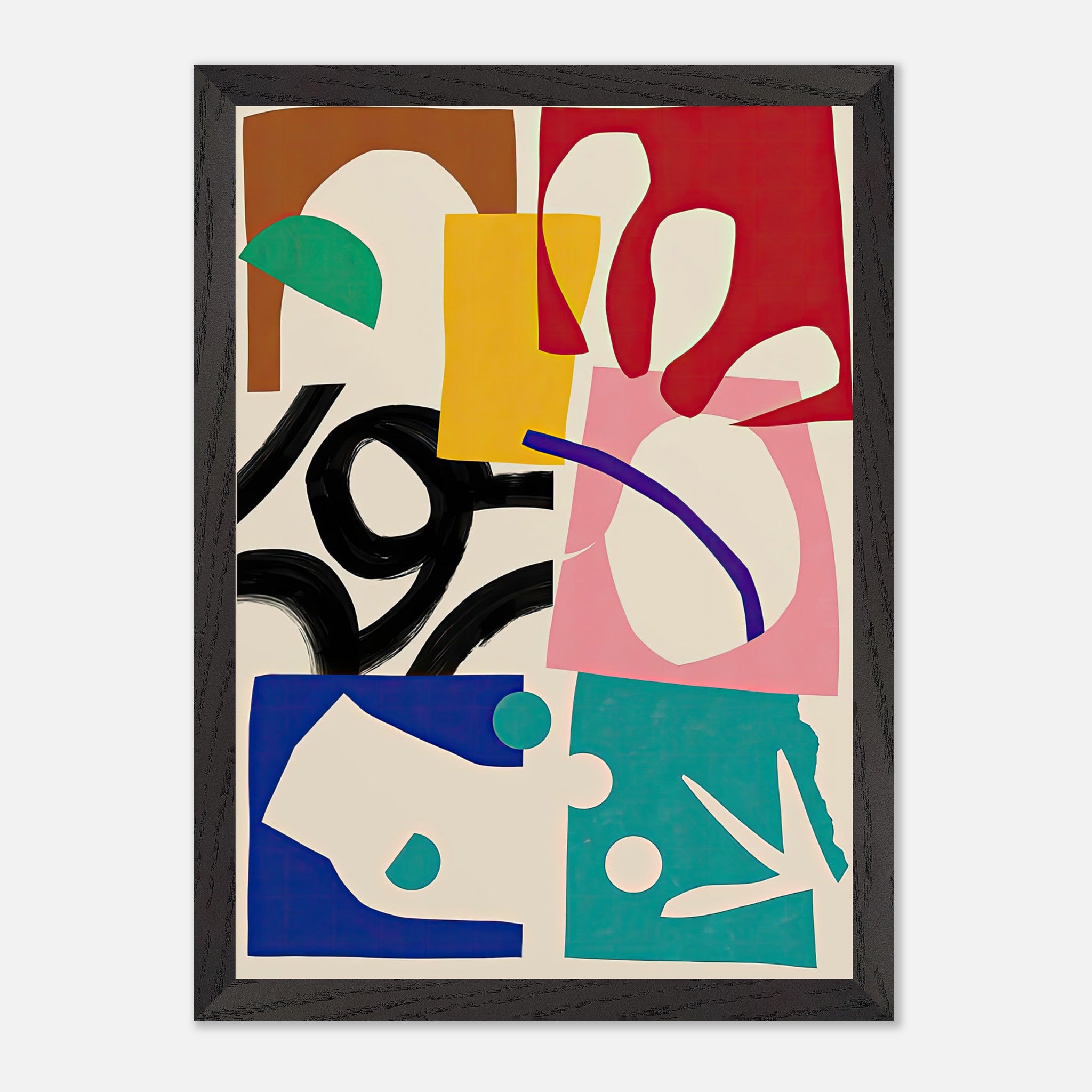 Colorful vintage framed print featuring abstract geometric shapes and bold colors, inspired by mid-century modern art.