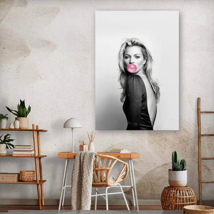 Kate Moss Bubble Gum metal print displayed in a modern interior setting, featuring a striking black-and-white portrait with pink gum.