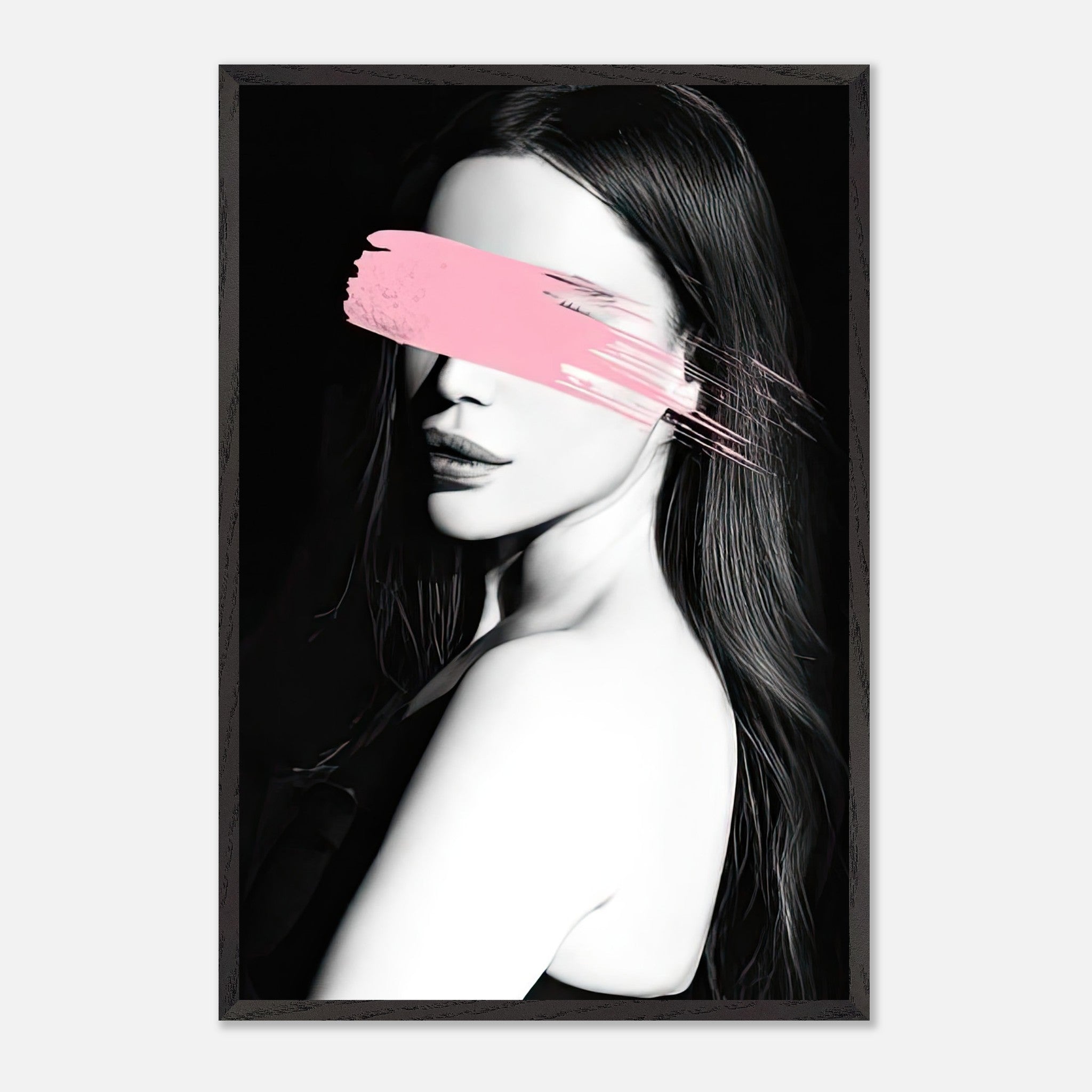 Vintage framed print titled "Pink Blindness" featuring a monochromatic portrait with pink brushstroke obscuring the eyes.