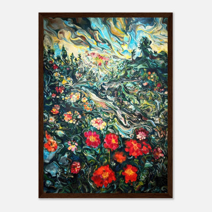 Abstract floral landscape painting framed print showcasing vibrant colors and swirling details, perfect for home decor.